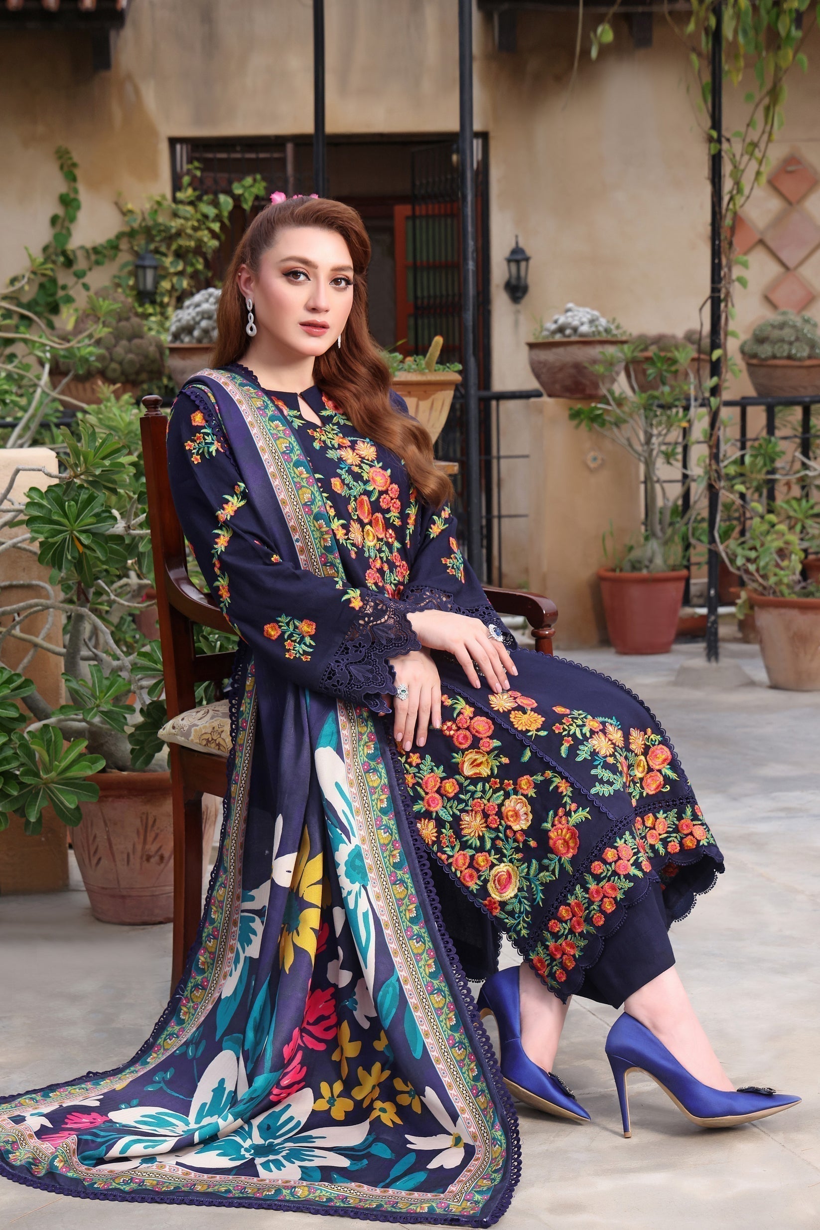 3PC DHANAK EMBROIDERED SHIRT WITH COURTRAI PRINTED SHAWL & TROUSER V676